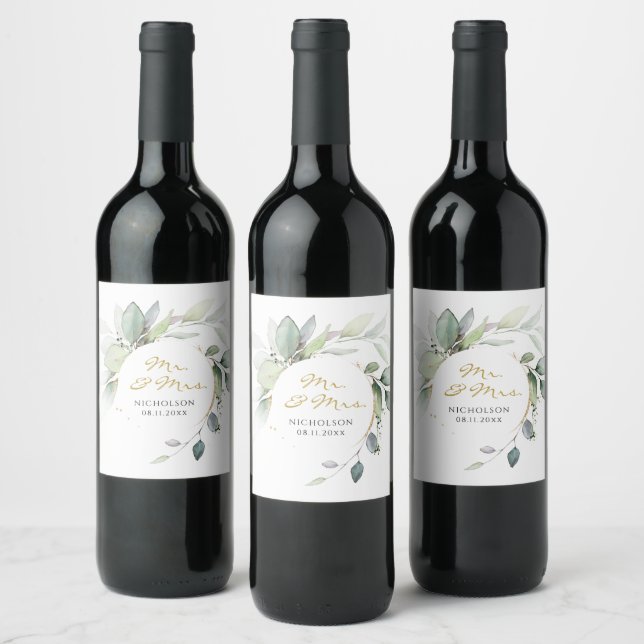 Elegant Eukalyptusgrönska Guld Herr. & Fru.  Vin Vinflaska Etikett (Flaskor)