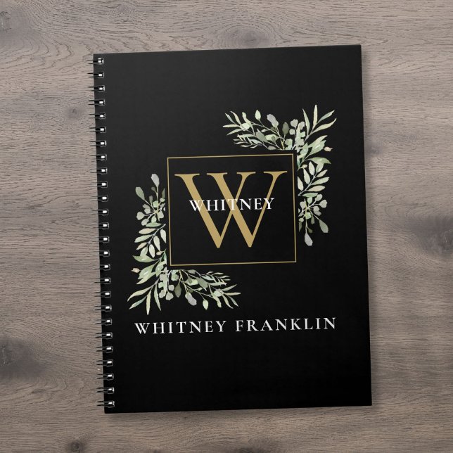 Elegant Eukalyptusgrönska Svart Guld Monogram Anteckningsbok (Elegant Eucalyptus Greenery Black Gold Monogram Notebook)