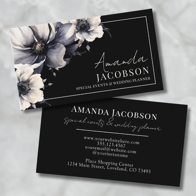 Elegant Event Bröllopsplanerare Svart Blommig Visitkort (Elegant Event Wedding Planner Black Floral Business Card)