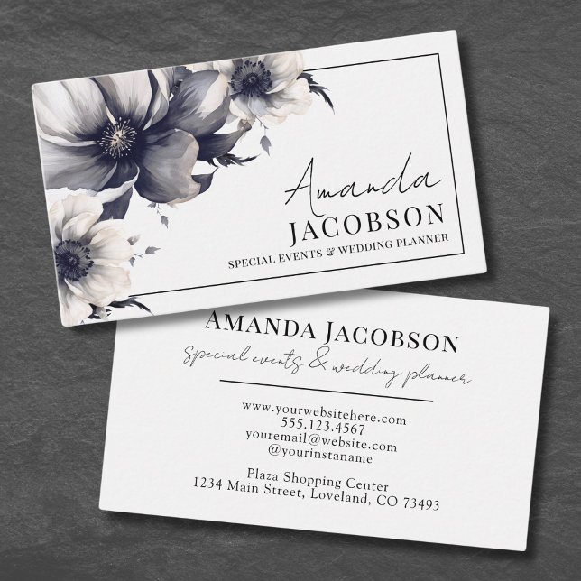 Elegant Event Bröllopsplanerare Svart Vitt Blommig Visitkort (Elegant Event Wedding Planner Black White Floral Business Card)