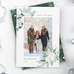 Elegant Evergreen & Cotton Flowers Photo Julkort<br><div class="desc">Denna jul | porträtt-kortet har handmålad vintergrej,  bomullsblommor med guldfärgad och vattenfärgad struktur.</div>