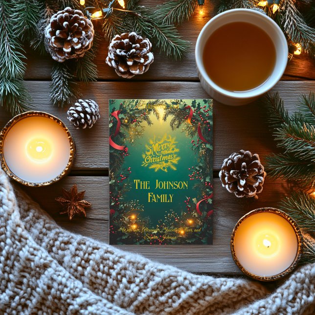 Elegant Evergreen Garland med Familj Hälsning Inbjudningar (Skapare uppladdad)