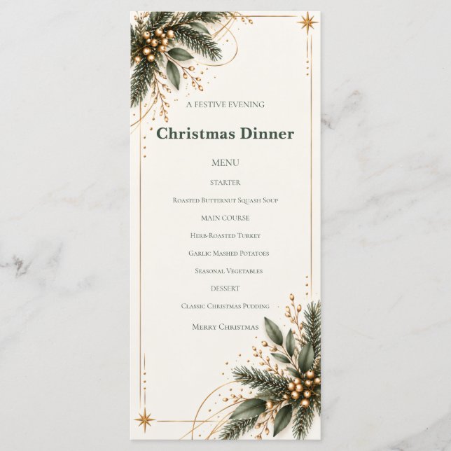 Elegant Evergreen Gold Christmas Dinner Menu Meny (Framsida)