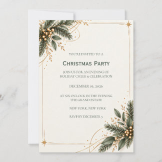 Elegant Evergreen Gold Christmas Party Invitation Inbjudningar