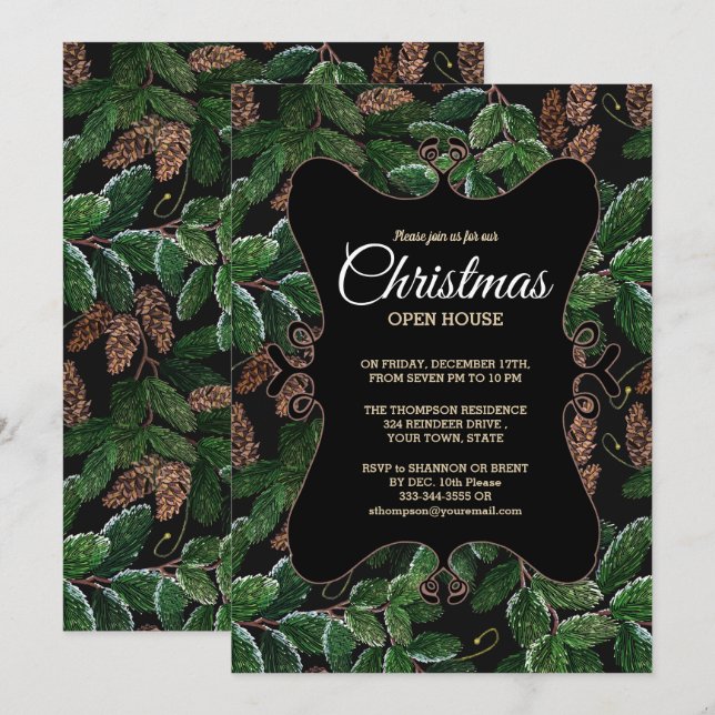 Elegant Evergreen jul Open House Inbjudningar (Fram/baksida)