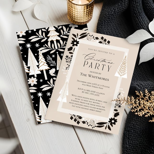 Elegant Evergreen Träd & Blommigt jul Party Inbjudningar (Elegant Evergreen Trees & Floral Christmas Party Invitation)