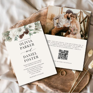 Elegant Evergreen Winter Photo QR Code Bröllop Inbjudningar