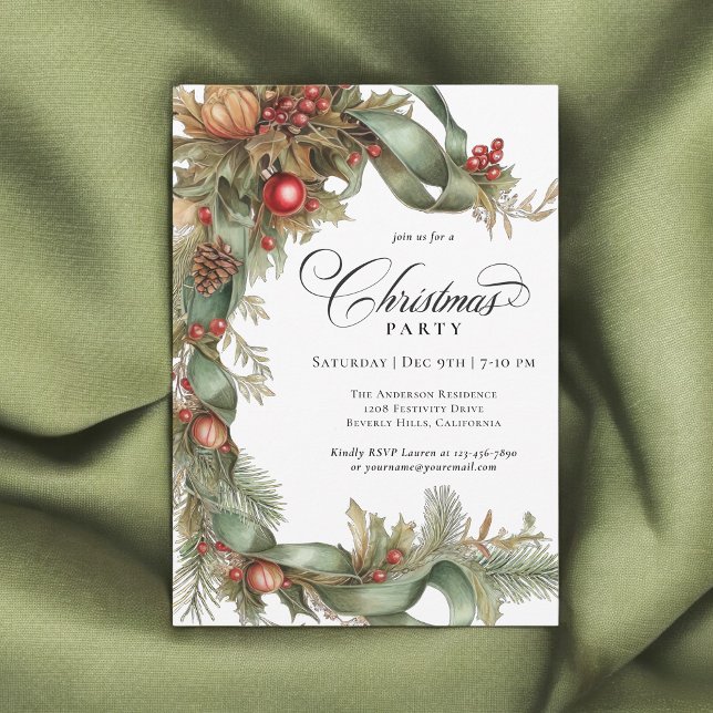 Elegant Evergreens och Rosett band jul Party Inbjudningar (Available in both printed and instant download digital formats.)