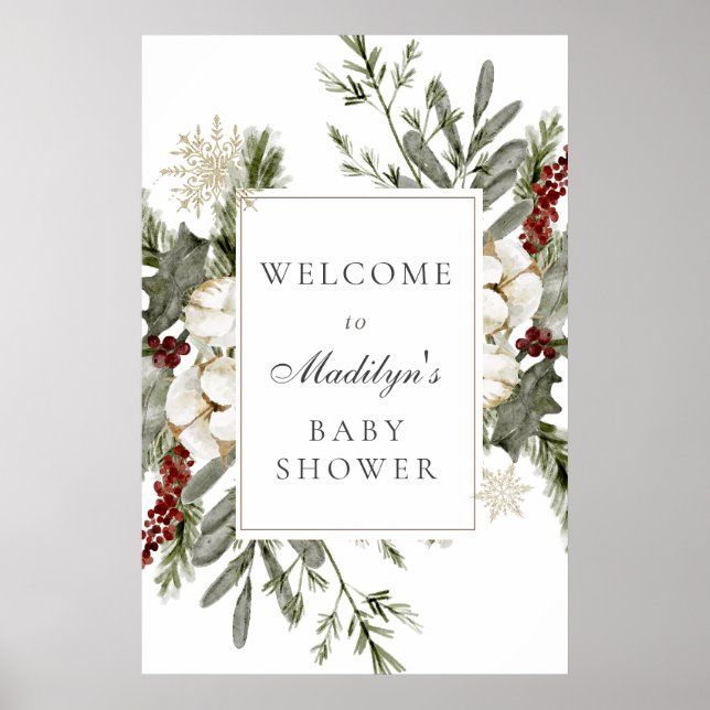 Elegant Evergreens och Winter Blommigt Baby Välkom Poster (Framsidan)