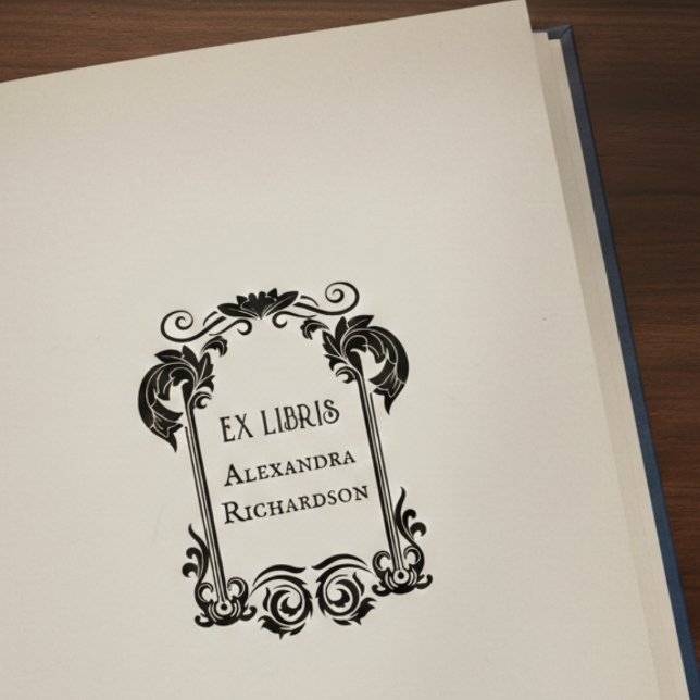 Elegant Ex Libris Stämpel (elegant floral ex libris bookplate rubber stamp with custom name)