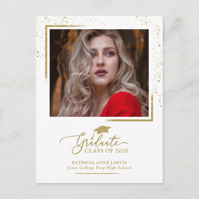 Elegant examensannonsering festlig guldglitter vykort (Framsida)