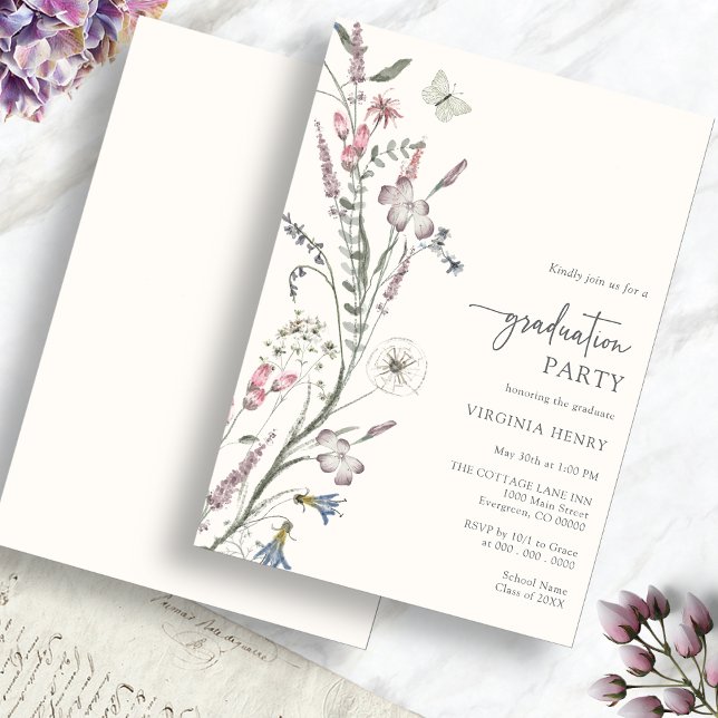 Elegant examensfestinladning inbjudningar (Elegant Watercolor Floral Graduation Party Invitation with Butterfly by Painted Paperie
)