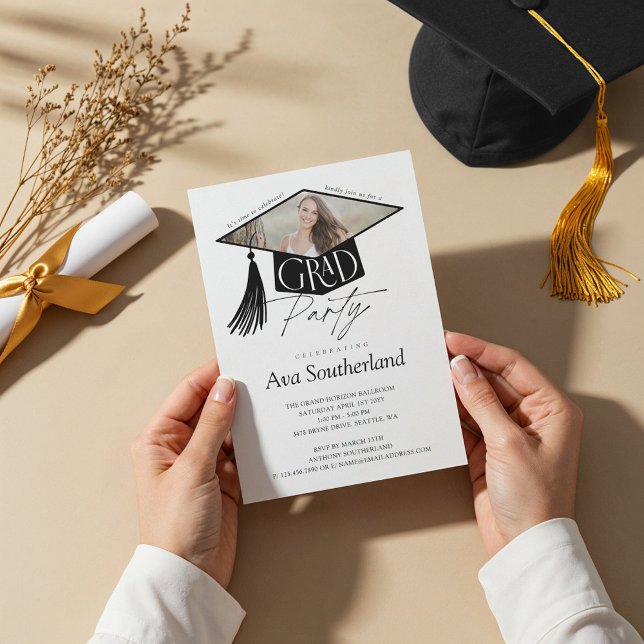 Elegant examensmössa och vippa Foto Examenfest Inbjudningar (Elegant Grad Cap & Tassel Photo Graduation Party Invitation)