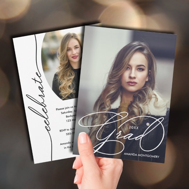 Elegant examensscript Foto Examen Inbjudningar (Elegant grad script photo graduation party invitations)