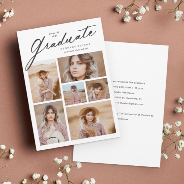 Elegant examensskript 6 fotokollage Examen Inbjudningar (Simple black and white script graduate 6 photo collage graduate invitation announcement.)