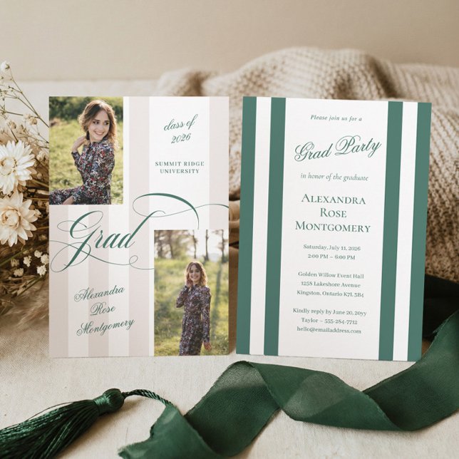 Elegant examensskript fransk rand fotoexamen inbjudningar (Elegant Grad Script French Stripe Photo Graduation Invitation)