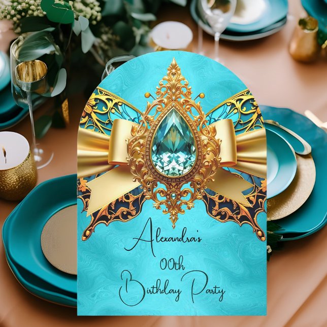 Elegant Exotisk Födelsedag Teal Guld Juvel Fjäril Inbjudningar (Skapare uppladdad)