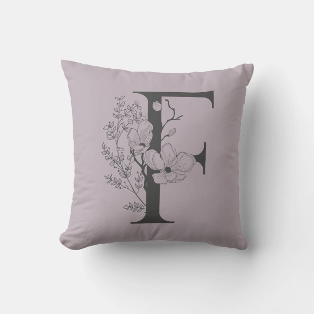Elegant F Boho Blommigt Monogram Initial Lilac Grå Kudde (Framsida)