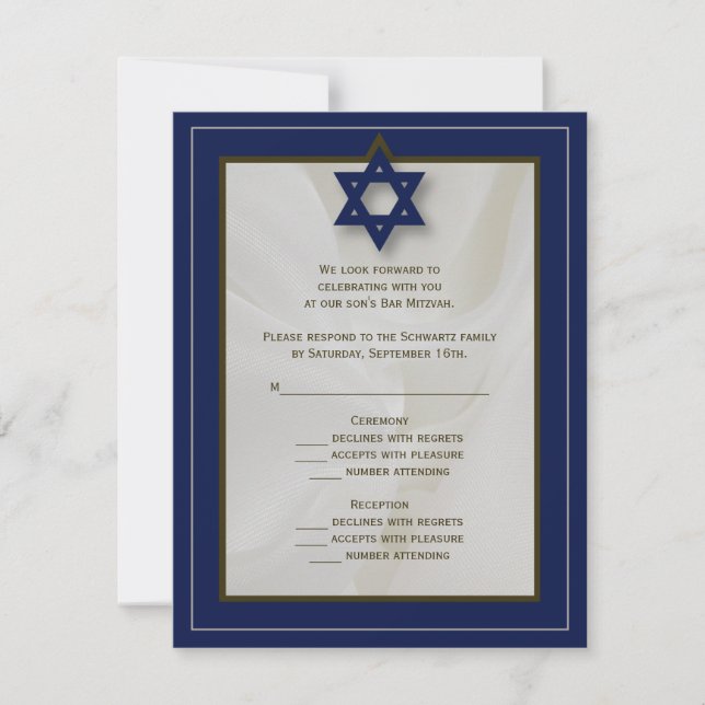 Elegant Fabric Pub Mitzvah OSA Reply Card i marine (Framsida)