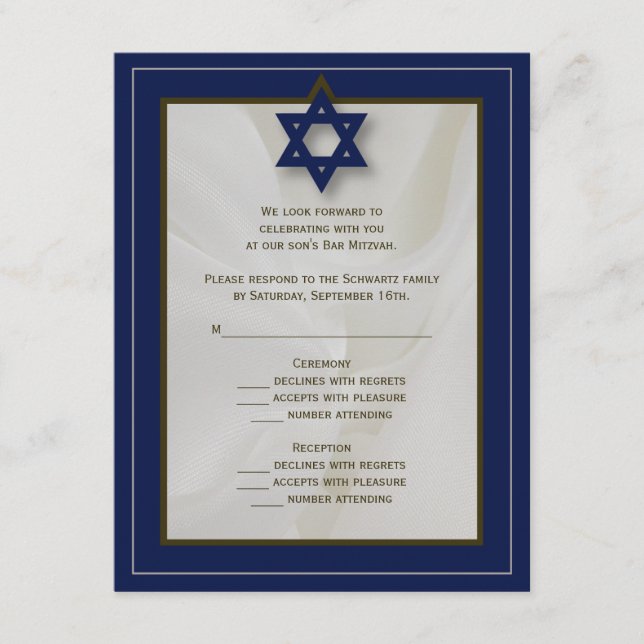 Elegant Fabric Pub Mitzvah OSA Reply Card i marine (Framsida)