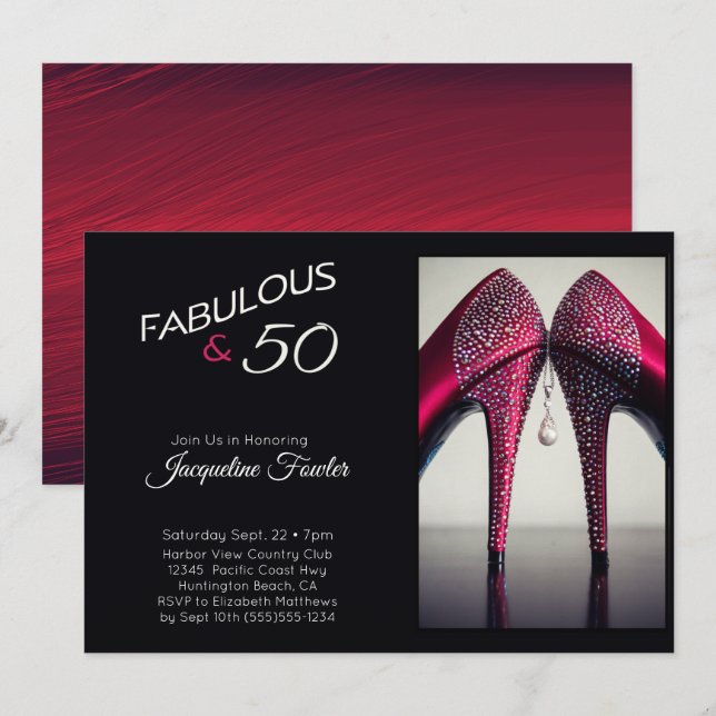 Elegant Fabulous 50 Högklackars Red Glam Gnistra Inbjudningar (Fram/baksida)