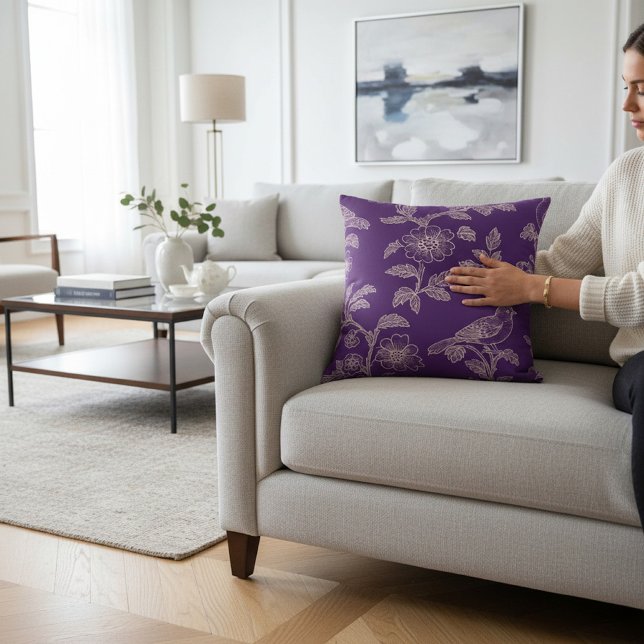 Elegant fågelblommig mönster plommon kastkudde kudde (Skapare uppladdad)