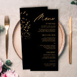 Elegant Fåglar med ludd Black och Guld Bröllop Meny<br><div class="desc">Den här eleganten är menyerna söt bröllop enkla att anpassa! De har topografi i snyggten,  "Menu" i faux-folie i guld samt en flock fåglar på baksidan i faux-guld-folie.</div>