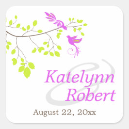 Elegant Fåglar på Lilan och Grönt Bröllop vid Gren Fyrkantigt Klistermärke