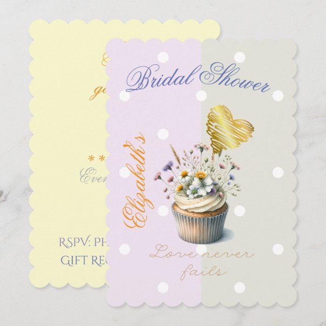 Elegant Faith Blommig Cupcake Pastell Prickar Guld Inbjudningar (Fram/baksida)