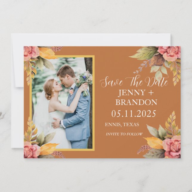 Elegant Fall Autumn Blommigt Terracotta Photo Spara Datumet (Framsida)