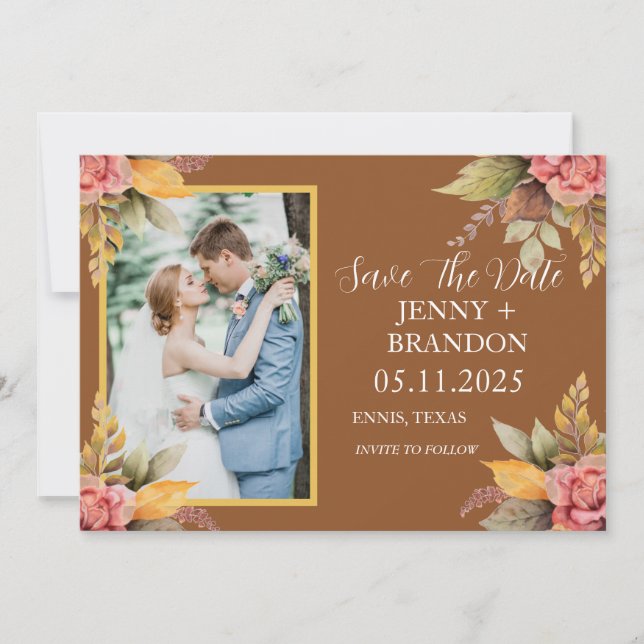 Elegant Fall Autumn Blommigt Terracotta Photo Spara Datumet (Framsida)