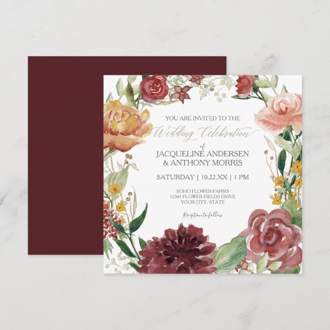 Elegant Fall Blommigt Bröllop Burgundy  Ro Inbjudningar (Fram/baksida)