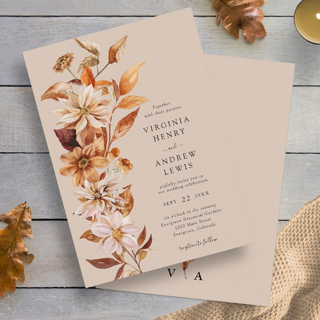 Elegant Fall Blommigt Bröllop Inbjudningar (Elegant Fall Leaves Floral Wedding Invitation Monogrammed by Painted Paperie
)