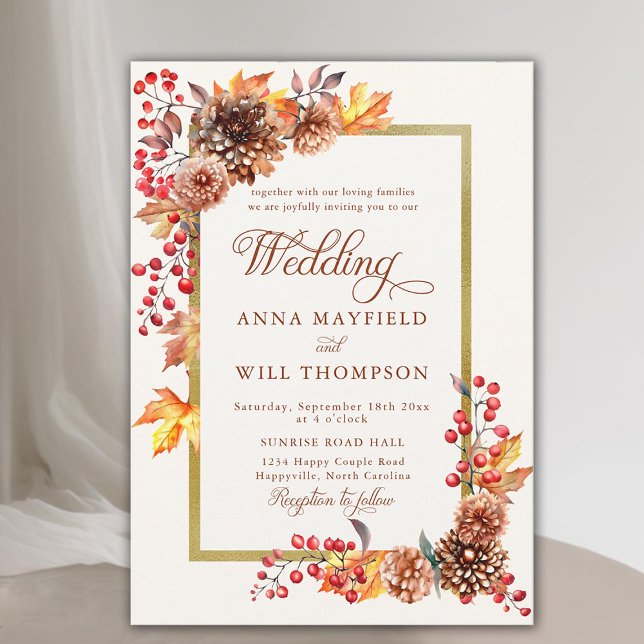 Elegant Fall Blommigt Guld Ram Romantic Bröllop Inbjudningar (fall floral gold frame elegant rustic boho autumn wedding invitation modern calligraphy terracotta)