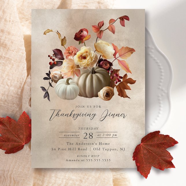 Elegant Fall Blommigt & Pumpkins Thanksgiving Inbjudningar (Skapare uppladdad)