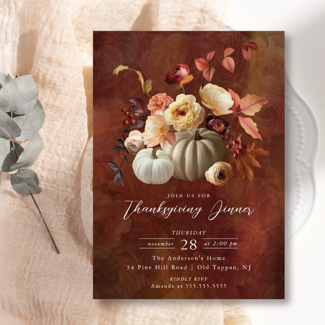 Elegant Fall Blommigt & Pumpkins Thanksgiving Inbjudningar (Skapare uppladdad)