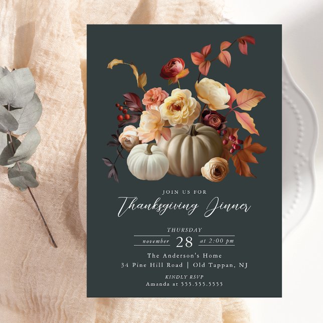 Elegant Fall Blommigt & Pumpkins Thanksgiving Inbjudningar (Skapare uppladdad)