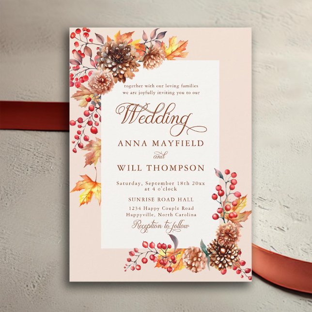 Elegant Fall Blommigt Ram Romantic Boho Bröllop Inbjudningar (autumn floral frame rustic elegant romantic terracotta calligraphy fall wedding invitation boho)