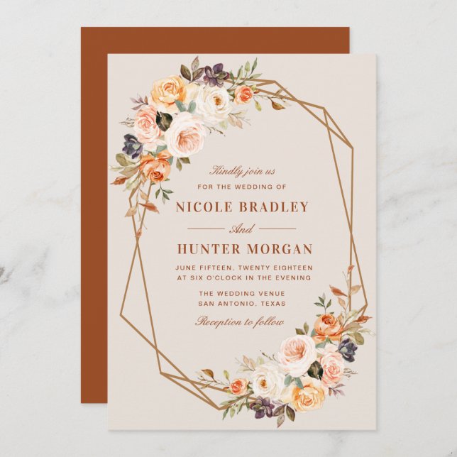 elegant fall blommigt terracotta geometric bröllop inbjudningar (Fram/baksida)