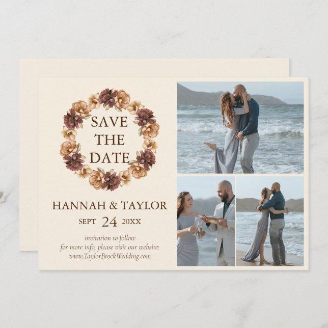 Elegant Fall Blommigt Utandning 3 Fotokollaps Spara Datumet (Fram/baksida)