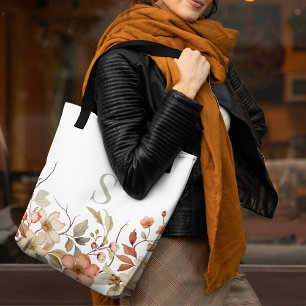 Elegant Fall Blommigt Vattenfärg Monogram Vit Tygkasse