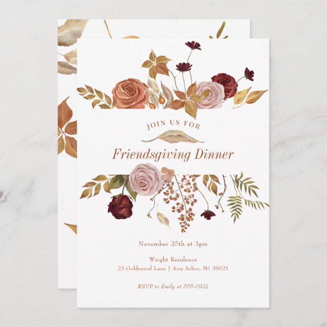 Elegant Fall Blommigt Woodland Friendsgiving Inbjudningar (Fram/baksida)