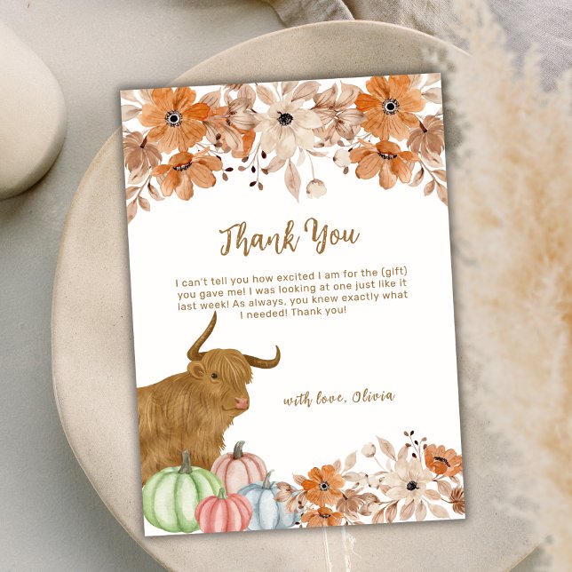 Elegant Fall Boho Blommigt Highland Cow Baby Showe Tack Kort (Elegant Fall Boho Floral Highland Cow Baby Shower Thank You Card)