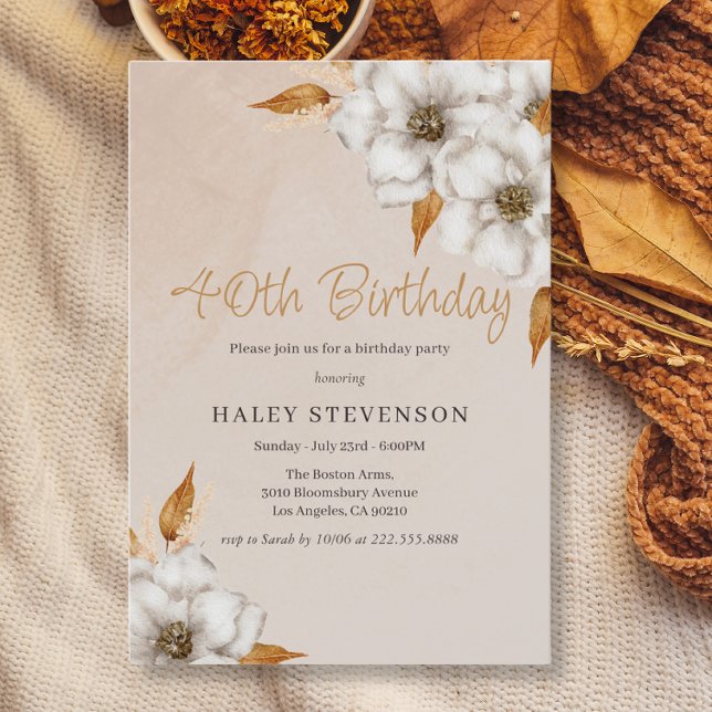 Elegant Fall Boho Chic Blommigt 40 födelsedagar Pa Inbjudningar (Skapare uppladdad)