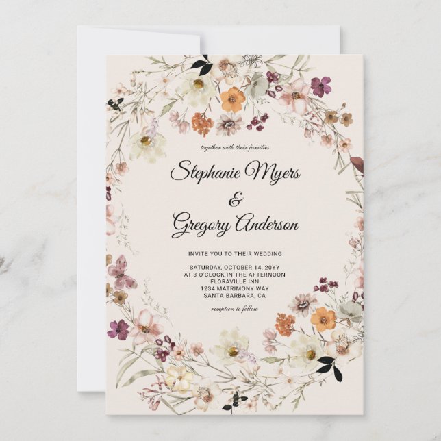 Elegant Fall Boho Wildblommblommor Bröllop Inbjudningar (Framsida)