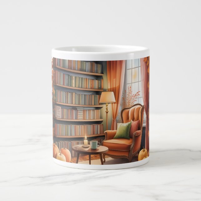 Elegant Fall Bookshelf MUG — Cozy Curtain Jumbo Mugg (Framsidan)