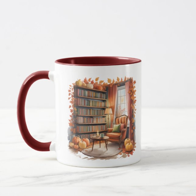Elegant Fall Bookshelf Mug — Cozy Curtain Mugg (Vänster)