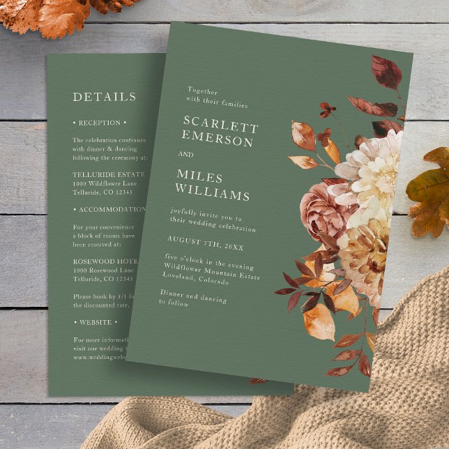 Elegant Fall Bröllopsinbjudan All In One Inbjudningar (Elegant Fall Sage Green Taupe All In One Wedding Invitation by Painted Paperie
)