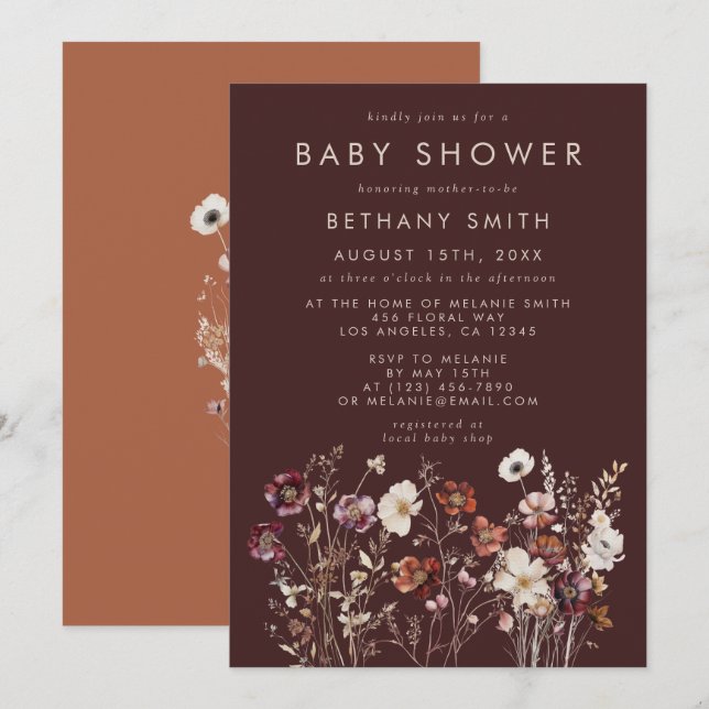 Elegant Fall Brown Blommigt Baby Shower Inbjudningar (Fram/baksida)
