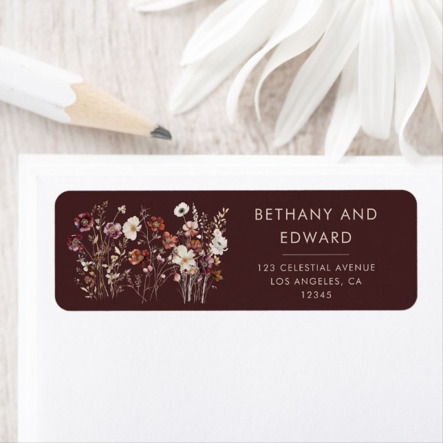 Elegant Fall Brown Blommigt Bröllop Returadress Etikett (Insitu)